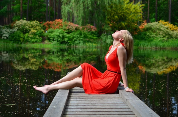 a woman in a red dress